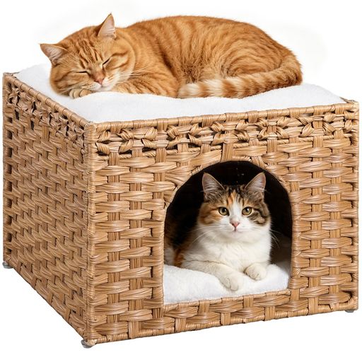 インドア 【堅牢性と安全性を確保】: 本猫ベッドは金属補強フレーム構造を採用し、天面が頑丈で崩れにくく、あらゆる体格の猫に対応可能です。上段は広々とした空間で、猫がジャンプ・くつろぎ・遊び・睡眠・日光浴を自由に行え、ペットに安心・安全なくつろぎスペースを提供します。 【高品質素材】:室内用猫の隠れ家は耐久性に優れた人工ラタン素材を使用し、手編みで製作しています。肌触りが良く柔らかく、猫が快適に過ごせます。両面仕様のクッションマット付きで、夏は通気性に優れ、冬は保温性を確保し、オールシーズン対応可能な猫ベッドです。 【広々としたプライベート空間】:猫隠れ家のサイズは 42x42x32cm で、全年齢の猫にゆったり快適な巣穴スペースを提供します。適度な狭さの猫ベッドでプライバシーを確保でき、猫は安心感と心地よさを感じ、愛らしい専用ハウスでリラックスして過ごせます。 【お手入れ簡単&amp;スタイリッシュ】:本猫ハウスのラタン素材は防水性を備えており、上部を取り外すだけで内部をしっかり掃除できます。ペットの生活環境を清潔に保つのが簡単です。モダンなデザインで、お部屋のどこにでも自然に馴染みます。