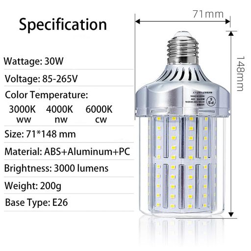 LEDコーンライト トウモロコシ型 30W LED電球 E26口金 3000LM 6000K 昼白色 倉庫 工場 看板 天井照明 超高輝度 省エネ 長寿命 (6000K-昼白色)