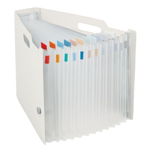 【ポケット数】13ポケット(12仕切り) 【収納】1ポケットにコピー用紙35枚入り、最大収納枚数450枚 【付属シール】色分類シール、インデックスシール、タイトルシール 【表紙】表紙の開きを押さえるゴムバンド付き 【サイズ】幅70mmx奥行き341mmx高さ245mm