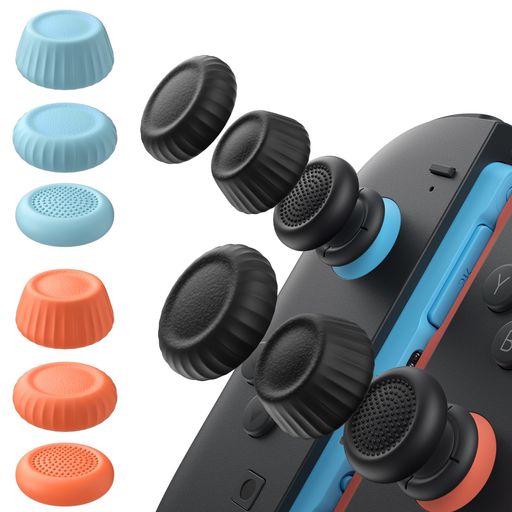 JSAUXSwitch2スティックカバー・JoyCon対応・滑り止め・快適な握り心地・人間工学デザイン・耐久性高い・ブラック・ブルー・オレンジ・6組(12個)–滑り止め強化版