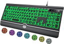 大きめの文字バックライト付きコンピューターキーボード、7色バックライトキーボードリストレスト付き、USBプラグアンドプレイ、見やすく入力しやすい特大文字キー、有線ライトアッ…