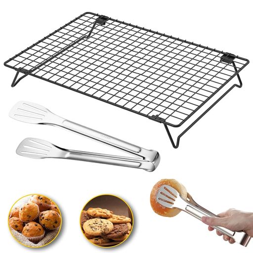 kasanidika冷却ラックベーキングラックケーキクーラー単層【2点セットケーキクーラー+トングステンレス鋼】焦げ付き防止焼き菓子耐久性頑丈エアフライヤーアクセサリー多機能製菓用品調…