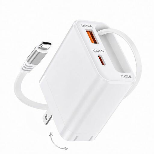 【ケーブル内蔵・持ち運びやすい】約65cmの巻き取り式USB-Cケーブルを本体に内蔵。別途ケーブルを持ち歩く手間を減らし、バッグの中でも絡まりにくく、旅行・出張・オフィス用に便利です。 【最大35W PD急速充電】USB-C単ポート使用時は最大35W出力に対応。iPhone、iPad、Galaxy、Androidスマートフォンなどをスピーディーに充電できます。複数台充電時は出力が自動で配分されます。 【3ポート同時充電】内蔵USB-Cケーブル、USB-Cポート、USB-Aポートを搭載。スマホ、イヤホン、タブレットなど最大3台を同時に充電でき、コンセント周りをすっきり整理できます。 【折りたたみ式プラグ・海外対応】プラグは折りたたみ式で収納しやすく、100-240V入力に対応。自宅、職場、ホテル、出張先など、さまざまなシーンで使いやすいコンパクト充電器です。 【多重保護・12ヶ月保証】過電流、過電圧、過熱、短絡を防ぐ多重保護システムを搭載。購入後12ヶ月の保証付きで、万一の不具合にもサポート対応いたします。