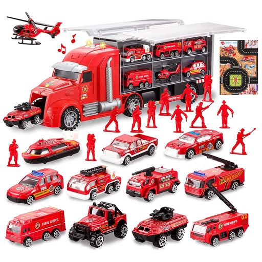 Carecolyトラック消防車両セットミニカーセット大型収納車合金製ミニカー車おもちゃ消防マップ付き作業..
