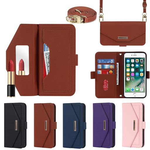 Mobile Phone Cases - EastwaveアイフォンSE2022第3世代ケース縄掛けカバーforiPhoneSE2020第2世代手帳型foriPhone87手帳caseチェック柄鏡ミラー付き長ストラップ付き肩掛け革レザー