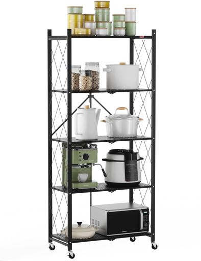 DEANIC折り畳みラック折り畳み棚収納棚防サビ加工移動便利ストッパー付きキャスター組立簡単レンジ台キッチンラック5段メタルシェルフ幅61cmx奥行28cmx高さ147cm(ブラック)