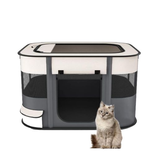 Benebomo 長方形 折りたたみ式 ペットサークル 収納バッグ付き 猫 犬用 ケージ 組み立て簡単 屋根付き メッシュサークル コンパクト 出産用 防災 軽量 室内室外兼用(L(90*70*60cm), 灰色)