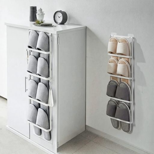 [Maplefea]壁掛けスリッパラック4段シューズラック玄関収納引っ掛け式取り付け簡単穴開け不要省スペース安定性ステンレス製大容量サンダル収納フック付きシンプルデザイン室内収納玄関…