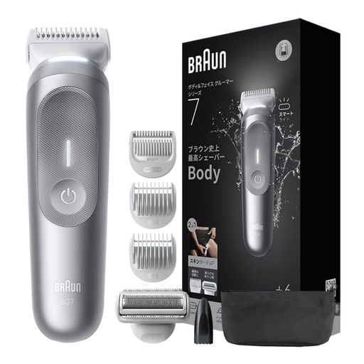 ブラウン史上最高シェーバー ボディ&amp;フェイスグルーマー 防水設計 広範囲をすばやく剃る、ボディ専用シェーバー(ボディバリカン)。スキンプロテクトテクノロジーで、肌に直接刃が当たらない設計を採用。肌を守りながら時短剃りが可能です。 新搭載のスマートライトは、見にくい産毛も可視化するので剃り残しを防ぎ、最小ストロークで肌に優しく剃ることができます。 さらに人工知能テクノロジー搭載で、毛の濃さに応じて強さを調整してくれます。また豊富なアタッチメントで好きな長さに調整できます。 防水設計だからお風呂剃りも対応。簡単にお手入れ可能。 2種のコームとボディシェーバーヘッド、肌保護アタッチメント付き。