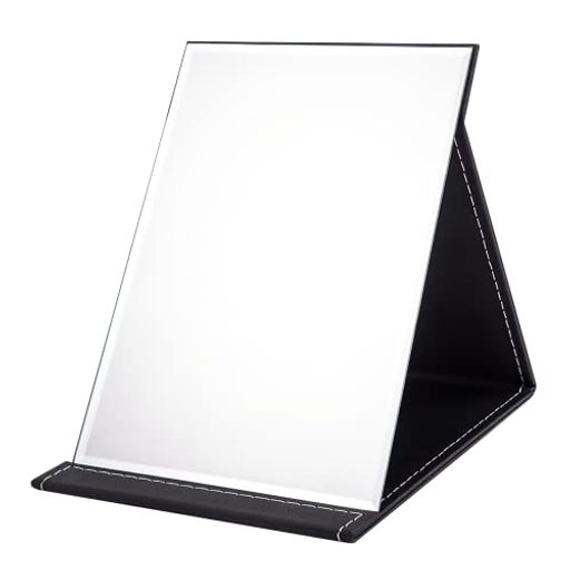 OWLKELA卓上鏡コンパクトミラー折りたたみ手鏡おしゃれスタンドミラーレザーカバー&割れにくい&大きめかがみMサイズ21*15cmブラック