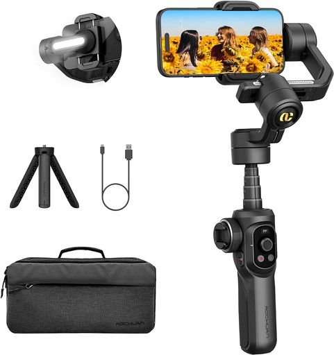Rakuten - AOCHUANSMARTS2スマホ用3軸ジンバルスタビライザーiPhone151413ProMaxAndroidスマホ対応と互換360°ロールインセプションモードOLEDディスプレイ伸縮19cm一脚三脚収納バッグ