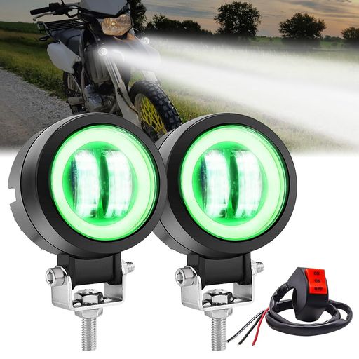乐天商城 - Ygmylandbbバイク用LEDフォグランプイカリングバイクヘッドライトデイライトスポットライトled作業灯ワークライト補助灯前照灯前部霧灯12V24V緑光2灯式汎用防水高輝度丸形2個入り+スイッチ