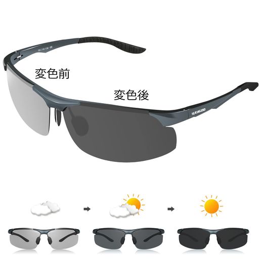 調光レンズ:屋外では『薄いレンズから濃いレンズに』、室内に入れば『濃いレンズから薄いレンズに』と、色が変化するレンズのことです。レンズの素材にハロゲン化銀が混合してあり、紫外線に当たるとハログン化銀が原子に分解することで着色します。紫外線が弱まってくると、またハロゲン化銀が結合し、分子になり、色が抜けます。こういった化学変化の利用し作成されたものが調光レンズです。 クリアな視界を与える:サングラスとの併用が利用でき、紫外線が感知でき、可視光線透過率が高くて、日差しの強い屋外ではレンズの色が濃くなり、眩しさをしっかりカットでき、目の疲れが軽減でき、また偏光機能付き、乱反射線をカット、ガラス面、水面などのぎらつきも抑え、くっきりとして視界が確保できます。