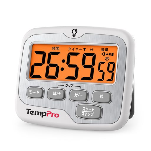 TempPro キッチンタイマー デジタル 時計付き バックライト 大画面 無音・音量調整 マグネット付き 小型 勉強 学習 調理 筋トレ 子供用