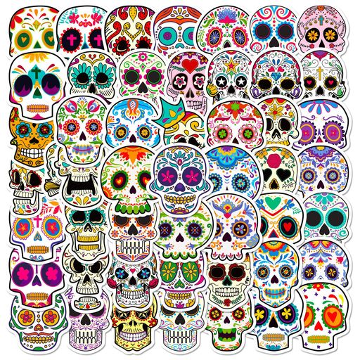 ハロウィンシュガースカルステッカー50枚、ビニール防水美的ステッカーパックノートパソコンスケートボード教室賞品子供ティーン女の子学生向け(どくろ頭)