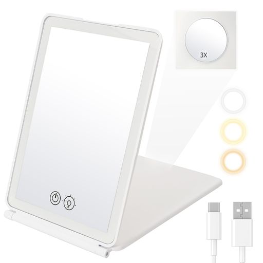 ANWALE卓上鏡化粧3光色切替鏡卓上女優ミラー手鏡ledメイク折りたたみ拡大鏡3倍卓上ミラータッチ式無段階の明るさ調整角度調整収納ペコンパクト