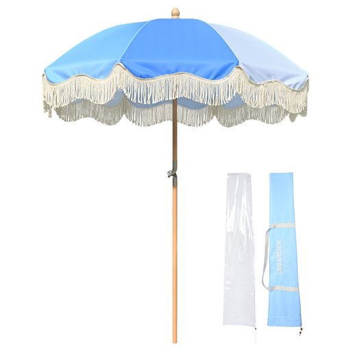 LAGardenビーチパラソルフリンジ付きボヘミアン180cm8リブグラスファイバーガーデンパラソル傾く角度調整チルト機能ハワイレトロ円形uvカット日除け紫外線対策木製ポール頑丈ポータブル…