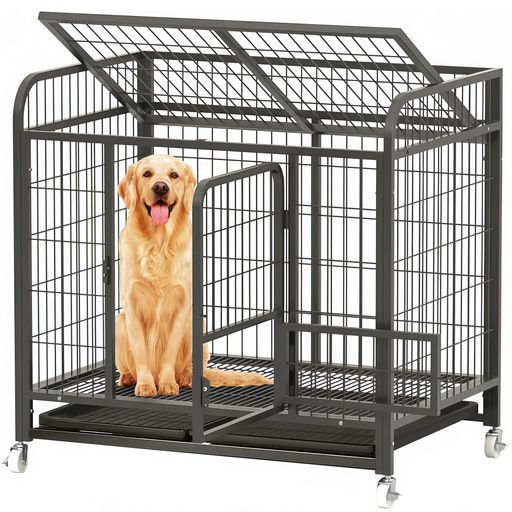 TUIYIDUO犬のケージペットケージ屋根付き110x72x101cm犬サークル錆防止ペットサークルキャスターと引き..