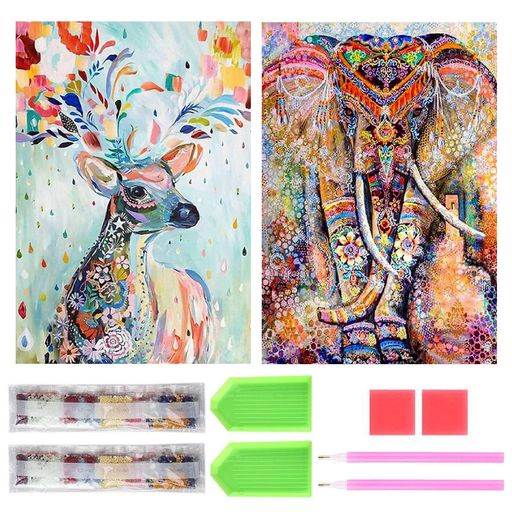 サムコスダイヤモンドアートキットダイヤモンドの絵画2個セットきれい全面貼り付けダイヤモンドアート5D初心者大人の子供DIY手芸キット家の壁の装飾(シカとゾウ)