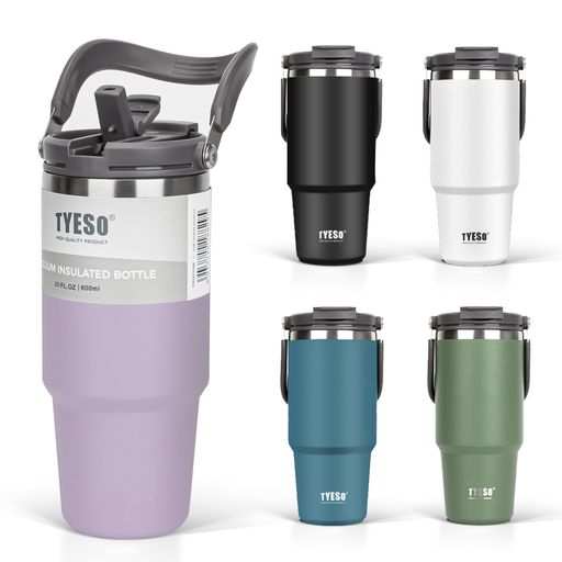 Rakuten - TYESOタンブラーストロー付き600mlコーヒー水筒魔法瓶保温保冷取っ手付ケトル真空断熱二重構造広口大容量直飲み漏れないホームオフィスアウトドア女の子男の子パープル