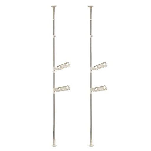 サイズ:幅9x奥行44~78x高さ220~300cm、重量:約4kg 素材・材質:パイプ部/ステンレス巻きスチールパイプ、樹脂部/ポリプロピレン・ABS樹脂・塩化ビニル樹脂 原産国:中国 全体耐荷重:約20kg、竿1本あたりの耐荷重:約10kgまで、竿受け対応サイズ:最大約Φ32mmまで対応 竿は別売りになります。物干しロープは使用しないでください。転倒するおそれがあります。取り付ける天井面は、コンクリートやはり(横桟)などが入ったしっかりした場所を選んでください。