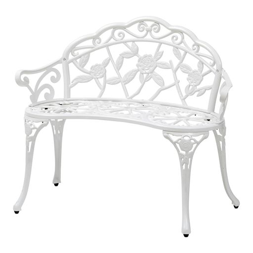 バラをモチーフにしたアンティークなデザインのベンチ。ローズ柄のファニチャーなので植物を引き立て、置くだけでもガーデンスペースを華やかに演出してくれます。 シリーズ展開でワンランク上の演出。同じシリーズのテーブルセットローズ(別売)との組合わせで、ワンランク上のガーデンシーンを演出できます。 設置時のガタツキを抑えるアジャスター付き。 サイズ:約幅101.5cmx奥行54.5cmx高さ81.5cm 重量:約11kg 材質:背もたれ・座面・アーム:アルミニウム、脚:鋳鉄 カラー:ホワイト 座面高さ:約43cm 構造:組立品/必要工具:マイナスドライバー、プラスドライバー、スパナ 原産国:中国
