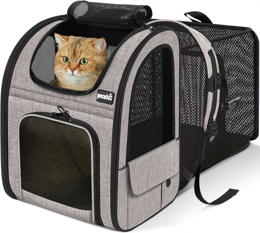 ペキュートPecuteペットキャリーバッグ猫用犬用リュックメッシュ窓通気性拡張可能2WAYペットハウスケージ折り畳みお出かけドライブ旅行通院防災避難用キャリーカーキ