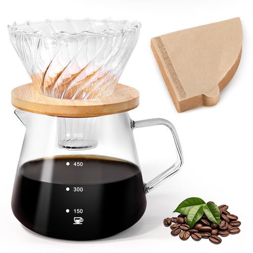 樂天商城 - FGIUKCコーヒーサーバー耐熱ガラス竹製ホルダーコーヒードリッパー600ml目盛付き2~4人用コーヒードリップ器具電子レンジ可V60ドリッパーハンドドリップコーヒーサーバードリップポット喫…