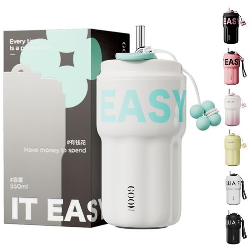 GOOMタンブラー水筒マグボトルコーヒーカップ316ステンレス550ml直飲み真空断熱保冷保温軽量ストラップ付きステンレスボトルマグボトルおしゃれビジネス(ホワイト)