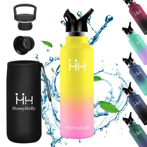 水筒ポーチ付き収納可能ステンレスボトル真空断熱1リットル500mL750mL1000mL6時間保温保冷カバー、2種類蓋付き丸洗い洗いやすい耐汚れ魔法瓶保温保冷スポーツドリンク対応炭酸水筒持ち運…