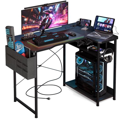 AcrolixゲーミングデスクL字左右入替OK収納バッグ付きコンセント付きカーボン調天板奥行70cm幅100cm棚..
