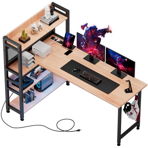 GTPLAYERゲーミングデスクl字コンセント付きledラック付きl字デスク本棚モニターアーム対応棚板高さ調..