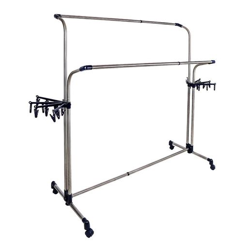 本体重量(約):5.5kg耐荷重(約):50kg サイズ(約):長さ115~210*幅60*高さ120~180cm 材質:ステンレス巻きパイプ&amp;ABS&amp;PP 容量(目安約):洗濯物3~5人分、布団2枚 大収納量●横縦自由伸縮●キャスター付き●移動便利●頑丈牢固●工具不要●組立簡単●ピンチハンガー2つ付き