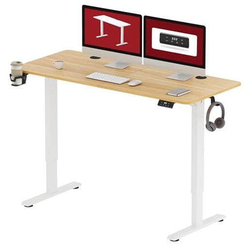 SANODESK昇降デスクQS1パソコンデスクスタンディングデスクメーカー3年保証電動無段階高さ調節メモリー機能付き人間工学天板付きセット組立簡単(140x60cm脚部(白)+天板(メープル))(3.0)