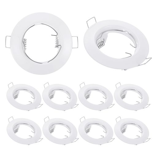 旅行用。 材質:金属カラー:白色内径:50mm/1.97インチ対応電球直径:50mm/1.97インチ外径:80mm/3.15インチ高さ:25mm/0.98インチ取り付け穴サイズ(目安):52mm/2.05インチパッケージ内容:ダウンライトフレーム10個 特徴:工具不要のスプリングクリップ設計で標準天井カットアウトに簡単埋め込み設置が可能です。低プロファイル構造でモダンなインテリアにシームレスに溶け込みます。 取り付け方法:1.回路の電源を切ります。2.事前にカットした天井穴にホルダーを挿入し内蔵スプリングクリップで固定します。 用途:このダウンライトホルダーは居間寝室廊下などの住宅照明に最適で小売店ギャラリーなどの商業空間でもスポットライトとして使用できます。天井デコレーションを引き立てます。 注意:動作中は電球が高温になるため触れないでください。また安定性を確保するため天井の厚さを確認してください。