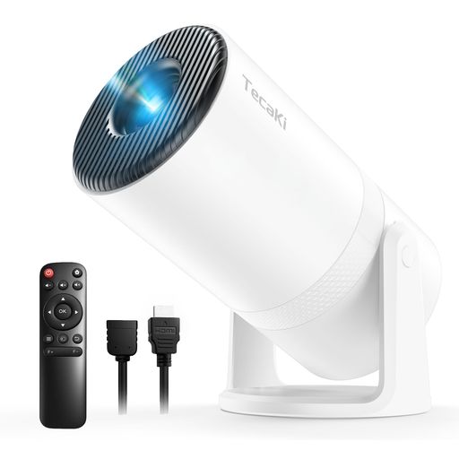 Tecaki プロジェクター 家庭用【Android TV搭載・電動フォーカス・270°回転】 27000LM 天井投影 自動台形補正 4K対応 1080P解像度 ホームシアター 小型 一体型スタンド Bluetooth5.3 スピーカー内蔵