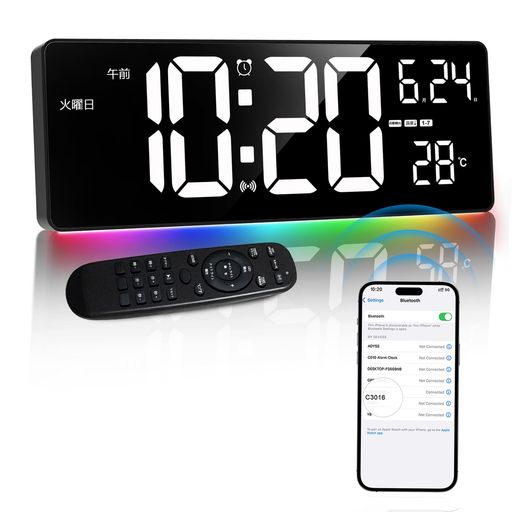 Blueekin高精度デジタル時計壁掛けBluetooth自動校時置き時計7色ナイトライト付き大型デジタルクロック4段調光リモコン対応アラームスヌーズ機能タイマー付き大きい温度表示12/24H切替