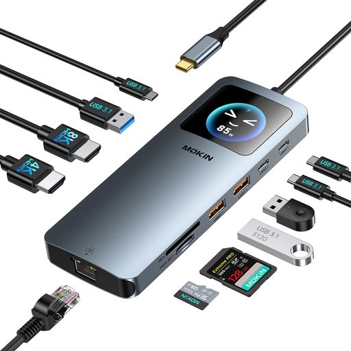 12-in-1 USB-C ラップトップドッキングステーション:MOKiN ドッキングステーションでポート不足を一気に解消。1 つの USB-C ポートを以下に拡張:HDMI1x1(8K@30Hz)、HDMI2x1(4K@30Hz)、USB-C 3.1x2(10Gbps)、USB-A 3.1x3(10Gbps)、2500Mbps イーサネット x1、100W PD 充電 x1、SD / マイクロ SD カードリーダー搭載 革新的な LCD ディスプレイ搭載:LCD で視覚的に状況を把握でき、仕事やエンターテイメントがさらに便利に。デュアル HDMI ドッキングステーションは 4 つのディスプレイ状態を明確に表示し、充電電力・解像度・ポート接続状況をフィードバック。「KEY」ボタンを押してモード切替。※長押しで画面オフ、全ポートはそのまま使用可能 ウルトラ HD 8K/4K ディスプレイ対応:デュアル HDMI ポート搭載で、最大 4K@60Hz &amp; 8K@30Hz(シングルポート)をサポート。ミラーモード・拡張モードに対応(MST は Windows のみ)。