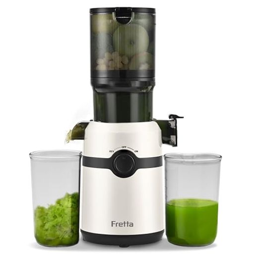 Frettaジューサー10.8cm広い投入口1L大容量スロージューサー細かくカット不要一度投入取り付け簡単コールドプレスジューサーBPAフリーホワイト
