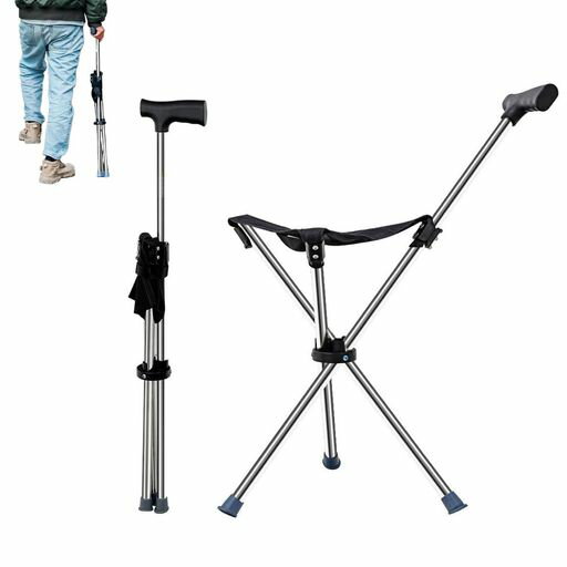 スタンディングチェア折りたたみイス軽量ステッキチェア折りたたみ椅子小型簡易コンパクトチェア登山杖折り畳み伸縮3脚ワンポールチェア椅子付き杖高め3本足行列待ち時間アウトドア…