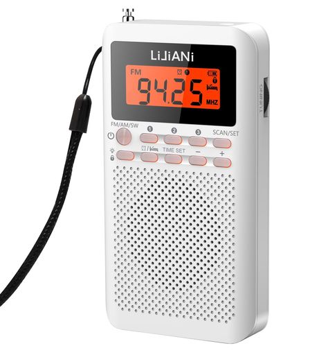 RD218小型携帯ラジオFM/AM/SW単三電池2本使用夜間でも使えるバックライト付きボタンデジタル時計、目覚まし時計、スリープタイマー機能最適受信、最適音質ポータブルラジオ、歩行、ラン…