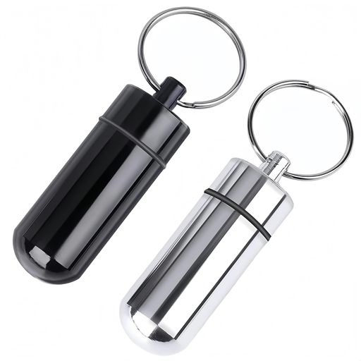 ピルケース携帯型サプリケース防水ニトロ薬入れ一日三回飲み忘れアルミ合金製キーリング付きアウトドア救急旅行小物入れ丸薬2個入りブラック+シルバー