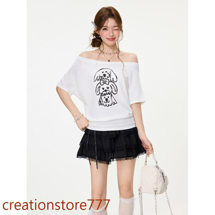 Tシャツ レディース 半袖 カットソー 夏 オフショルダー ボートネック 犬 プリント アニマル イラスト 可愛い ゆったり 着痩せ 学生