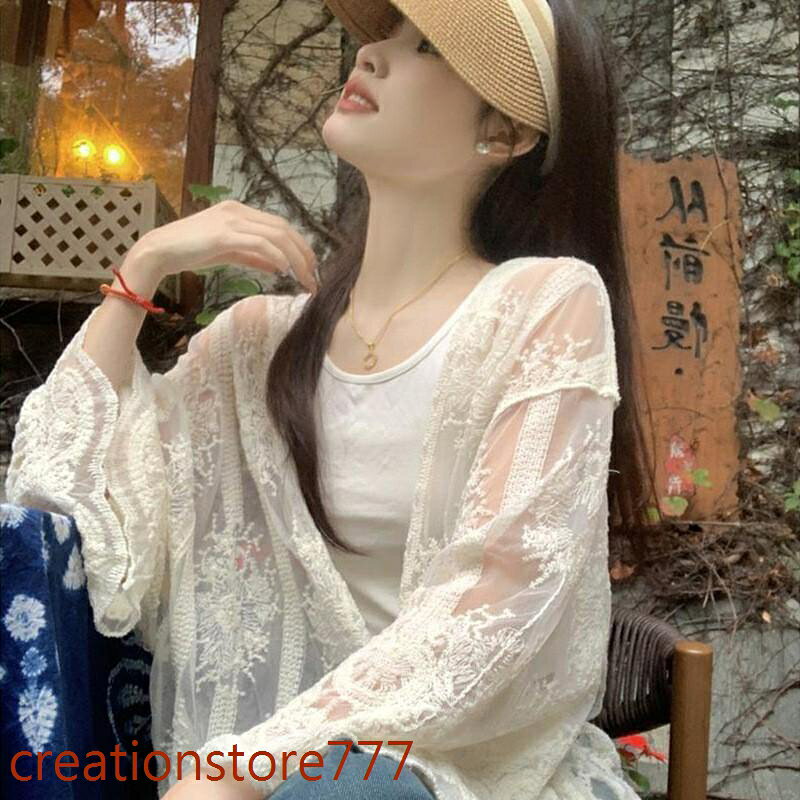 Creation-store楽天市場店のレースカーディガン ロング レディース 春 夏 総レース 花柄 シースルー 羽織り 透け感 フレアスリーブ ガウン コーディガン リゾート｜アングル3