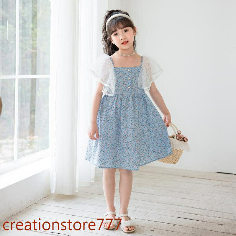 【楽天スーパーSALE】子供 女の子 ワンピース 夏 キッズ チュール袖 Aライン スクエアネック 可愛い おしゃれ お出かけ 通園 通学 発表会 結婚式 旅行