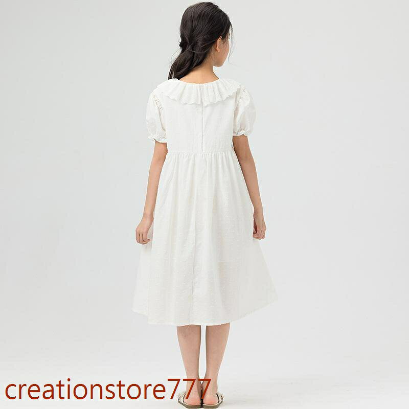 Creation-store楽天市場店のワンピース 女の子 夏 パフスリーブ フリル襟 清楚 子供 小学生 発表会 結婚式 通学 普段着 可愛い Aライン 膝丈 涼しい コットン｜アングル2