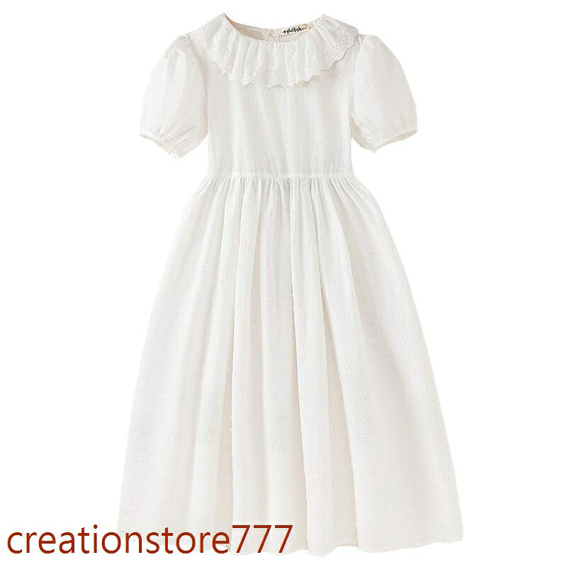 Creation-store楽天市場店のワンピース 女の子 夏 パフスリーブ フリル襟 清楚 子供 小学生 発表会 結婚式 通学 普段着 可愛い Aライン 膝丈 涼しい コットン｜アングル3