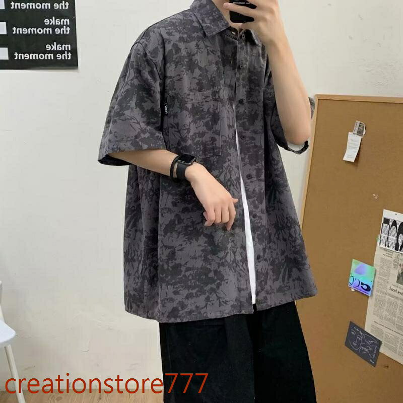 カジュアルシャツ メンズ 半袖 夏 ワークシャツ ビッグシルエット オーバーサイズ タイダイ 総柄 ストリート系 ドロップショルダー 通学
