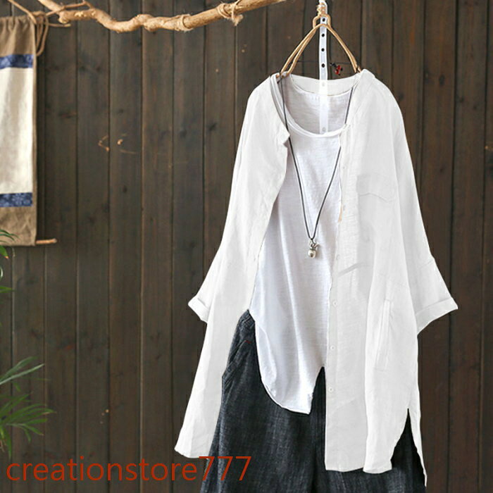【楽天スーパーSALE】シャツ ブラウス レディース ロングシャツ ノーカラー スタンドカラー 前後差 スリット バンドカラーシャツ 女性 春服 羽織り アウター ライトアウター 羽織　リネン調 長袖シャツ 無地 ロング丈 チュニックメール便お うちコーデ (アパレル) creationstore777-10002205 Creation-store楽天市場店 サンプル画像2