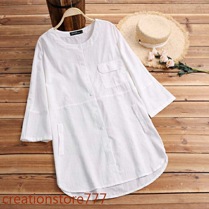 【楽天スーパーSALE】シャツ ブラウス レディース ロングシャツ ノーカラー スタンドカラー 前後差 スリット バンドカラーシャツ 女性 春服 羽織り アウター ライトアウター 羽織　リネン調 長袖シャツ 無地 ロング丈 チュニックメール便お うちコーデ (アパレル) creationstore777-10002205 Creation-store楽天市場店 サンプル画像3